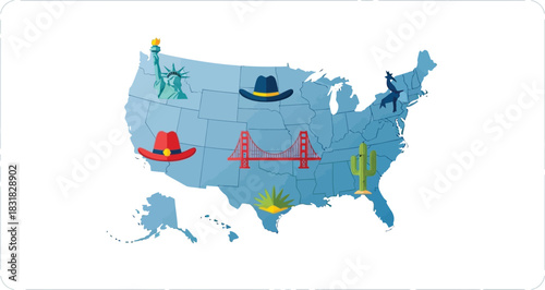 United states map with landmarks isolated on white background