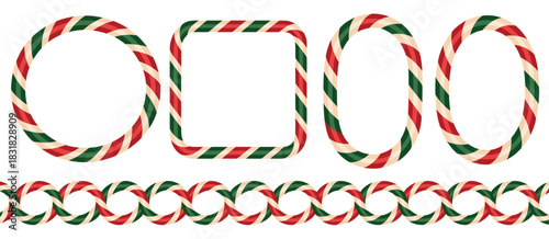 Candy cane border frames in square, circle, and oval shapes, striped lollipop festive pattern,