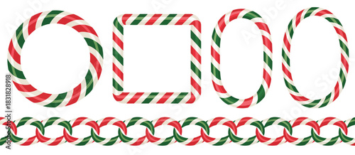 Candy cane border square circle oval Christmas frames, striped lollipop pattern festive vector illustration, perfect for holiday design projects,