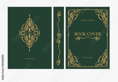 Classic vintage book cover and spine with gold and black art deco, art nouveau ornament, decorative frame, elegant retro style for classic publications, posters, artistic layouts