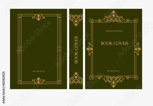 Classic vintage book cover and spine with gold and black art deco, art nouveau ornament, decorative frame, elegant retro style for classic publications, posters, artistic layouts