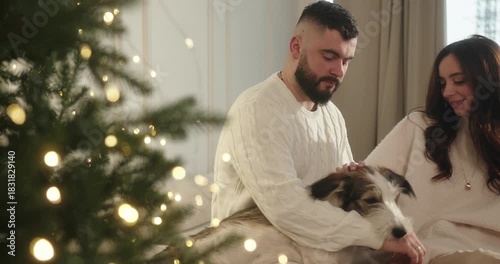 Happy couple playing with their dog during christmas holiday