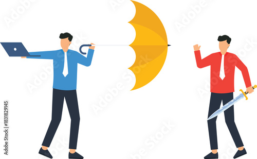 Business conflict with two businessmen fighting in corporate warfare one defending with an umbrella shield another attacking with a sword business competition risk management concept