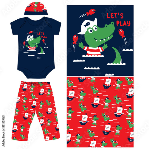 bodysuit with cap pant cute crocodile print