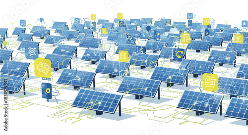 Solar Panels Generating Clean Energy in a Futuristic Grid System, Generative AI.