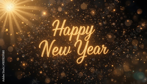 Happy New Year banner with lights. Sparkling gold lights with Happy New Year script on dark background; festive greeting for year-end celebrations and events.