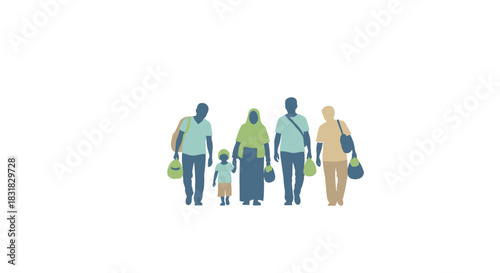 A diverse family group, depicted in a modern flat vector illustration, walks purposefully together, symbolizing a collective journey of migration and hope.