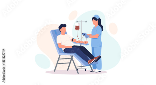 A male patient is donating blood with the assistance of a caring nurse in a modern medical facility, highlighting the importance of health and community support.