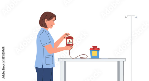A dedicated healthcare professional meticulously prepares a vital blood bag, ensuring patient safety and efficient medical care within a sterile hospital setting.
