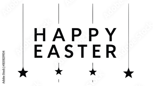 Minimalist happy easter text with hanging stars on a white background elegant and modern holiday greeting card design