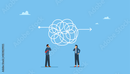 Business people thinking with chaos messy tangle knot. Complicated problem, complexity or difficulty, solving difficult problem, challenge or trouble, thinking or brainstorm for solution.
