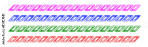 Set of colorful neon diamond shapes arranged in horizontal lines isolated on a white background, creating a vibrant and modern decorative element for digital and print design projects.