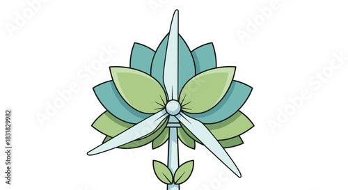 Stylized Green Flower with Wind Turbine Elements, Generative AI.