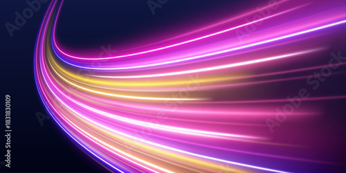 Red and purple neon waves twist dynamically over a dark cityscape. The glowing streaks suggest rapid motion and futuristic energy. Perfect for digital and tech visuals. 