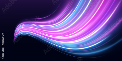Pink and blue neon arcs twist across a dark abstract landscape. The glowing trails convey energy, motion, and futuristic vibes. Perfect for tech or urban visuals. PNG