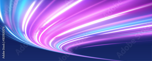 Blue and violet neon waves ripple across a futuristic city scene. The glowing streaks convey fast motion and high-tech energy. Perfect for cyber and digital projects.