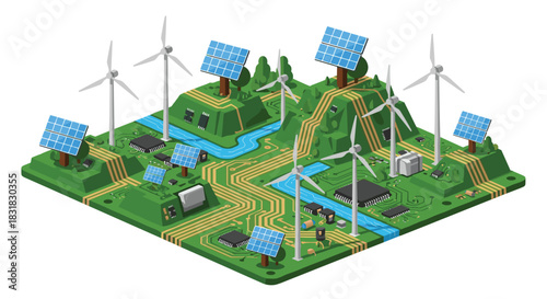Sustainable energy landscape with wind turbines and solar panels, Generative AI.