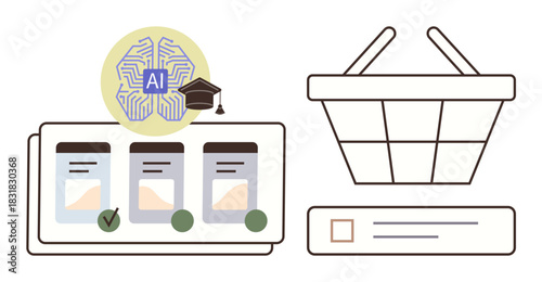 AI brain with a graduation hat connected to product cards and shopping basket, representing AI-driven recommendations. Ideal for online shopping, e-commerce, machine learning, technology