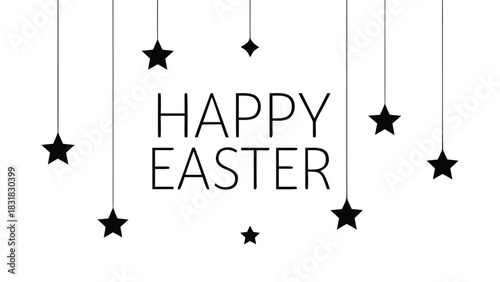Minimalist black and white graphic featuring the text happy easter with hanging stars and diamond shapes on a white background