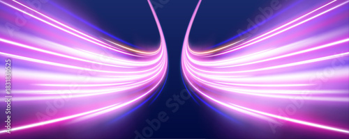 Blue and purple neon waves twist over a dark futuristic background. The glowing streaks convey motion, energy, and high-tech vibes. Perfect for cyber and sci-fi visuals. 