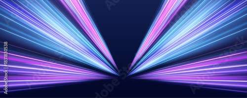 Cyan and pink neon streaks twist across a dark futuristic cityscape. The glowing arcs convey high-speed motion and digital energy. Perfect for cyber visuals.