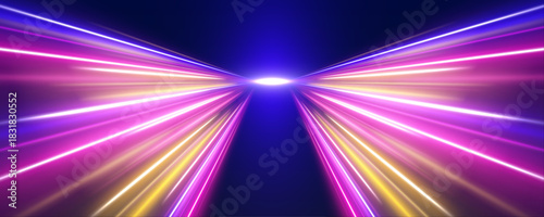 Pink and yellow neon arcs flow across a dark abstract cityscape. The glowing streaks convey speed, motion, and futuristic vibes. Great for tech or urban designs.
