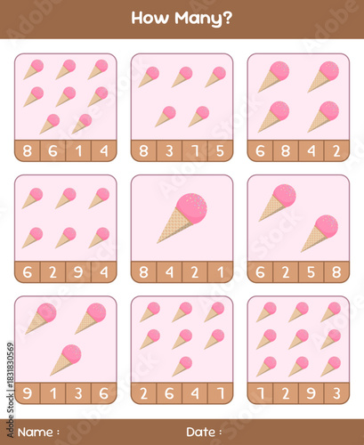 Count the number of ice creams. Educational mathematical game. Counting game for children. Kids activity sheet. Template for how many