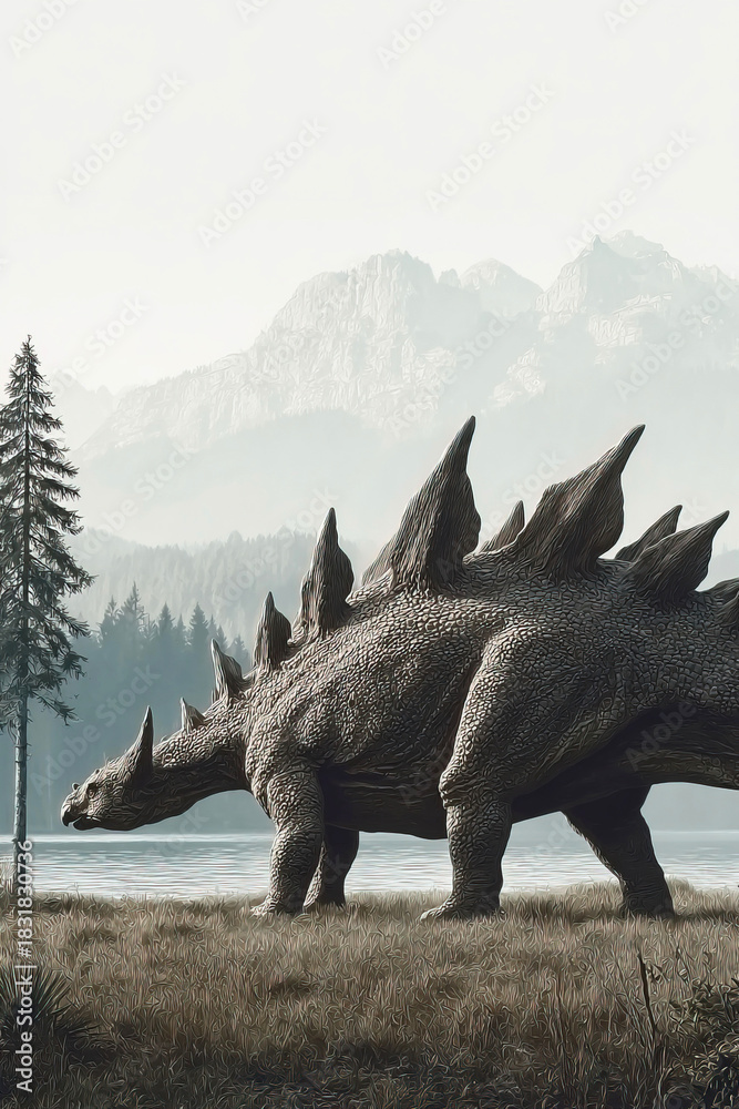 Fototapeta premium Kentrosaurus roaming near lakes and forests in a primeval landscape