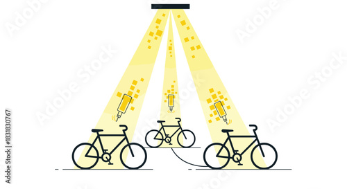 Three bicycles illuminated by spotlights from above, Generative AI.