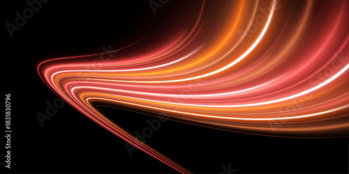 Bright orange and yellow neon waves ripple through a dark cityscape. The glowing trails suggest fast motion and innovation. Great for digital or urban designs.