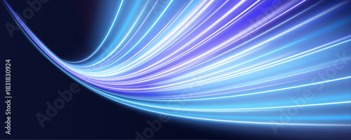Blue neon curves twist dynamically over a dark futuristic landscape. Motion blur enhances speed perception and digital energy. Perfect for tech or sci-fi visuals.