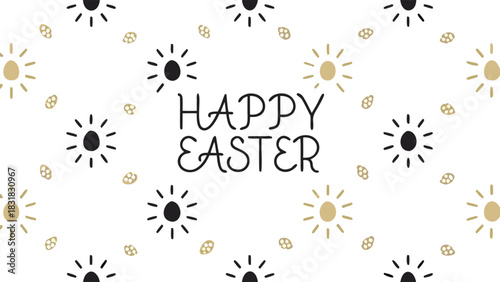 Happy easter greeting card with a playful pattern of black and gold sunburst eggs and small speckled eggs on a white background
