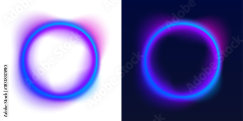 Neon rings in pink and blue swirl with wavy motion lines on a dark canvas. Glowing edges enhance futuristic intensity. Perfect for sci-fi interfaces. PNG
