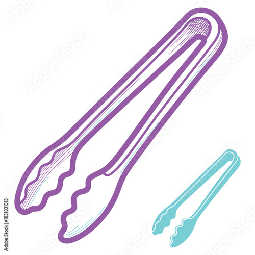 Stylized kitchen tongs illustration in purple and blue colors perfect for cooking applications or barbecue clip art