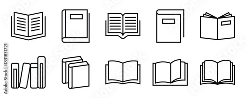 Book icon set. Simple flat vector collection for graphic design. Library, reading, learning, education, knowledge, study symbols. Editable stroke