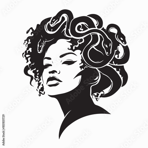 Black and white medusa gorgon woman head with snakes vector illustration.