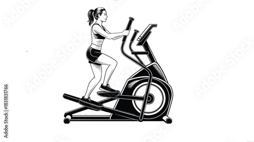 Woman Exercising on Elliptical Trainer – Fitness Workout Vector, Gym Exercise Illustration, Cardio Training Clipart for Health, Wellness, Sports and Gym Equipment Designs