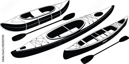 Canoe and Kayak Illustration Set – Black and White Boat Vector, Outdoor Adventure Canoeing Designs, Paddling Sports Clipart for Camping, Fishing and Water Activity Graphics
