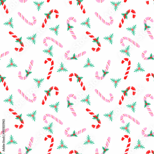 Konstfotografi Seamless pattern of cute candy canes and holly leaves, synonymous with Christmas celebrations