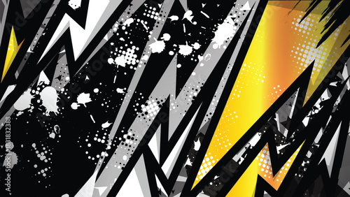 Abstract Geometric Racing Background with Yellow Lightning and Grunge Texture
