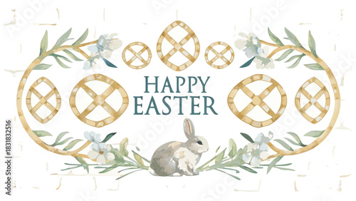 Watercolor happy easter greeting card with a cute bunny delicate flowers and decorative easter egg shapes on a subtle brick background