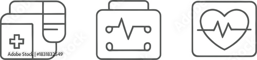 Medical Device Line Icons Set – Heart Monitor, ECG Symbols, First Aid Outline Icons, Healthcare Equipment, Hospital Tools, Emergency Medicine Thin Line Vector Pack