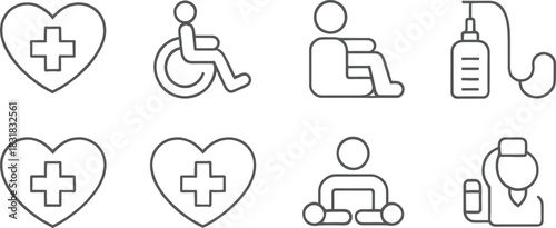 Medical Line Icons Set – Healthcare Outline Symbols, Hospital Equipment, Doctor Tools, Heart Care, Patient Assistance, Disability Support, First Aid, and Medical Services Vector Pack