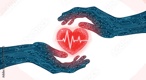 Two robotic hands gently holding a glowing heart with a heartbeat line, Generative AI.