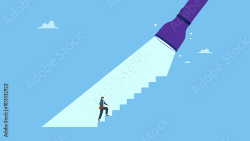 Flashlight staircase light beam to step up for businesswoman. Career guidance or advice to step up career path, business direction or spotlight to success, discover talent or job candidate.