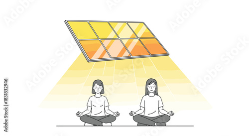 Two women meditating under a solar panel receiving energy, Generative AI.