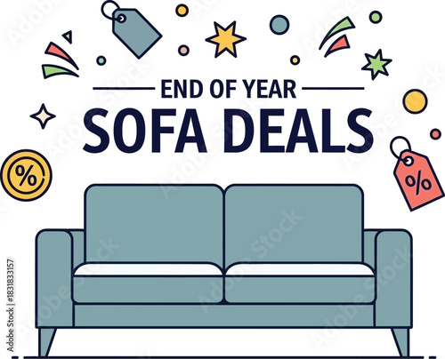 End of year sofa deals advertisement isolated on white background