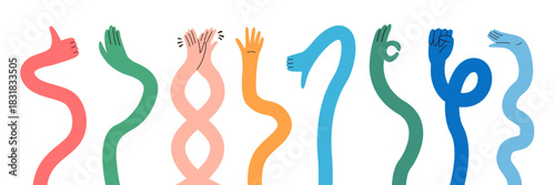 Flexible Hand Long Arm Cartoon Set. Abstract Comic Gesture Hands Icon with Funky Style. Vector Illustration
