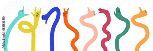Flexible Hand Long Arm Cartoon Bundle. Abstract Comic Gesture Hands Icon with Funky Style. Vector Illustration