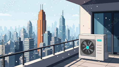 Air Conditioner on Balcony with Cityscape View in Winter.